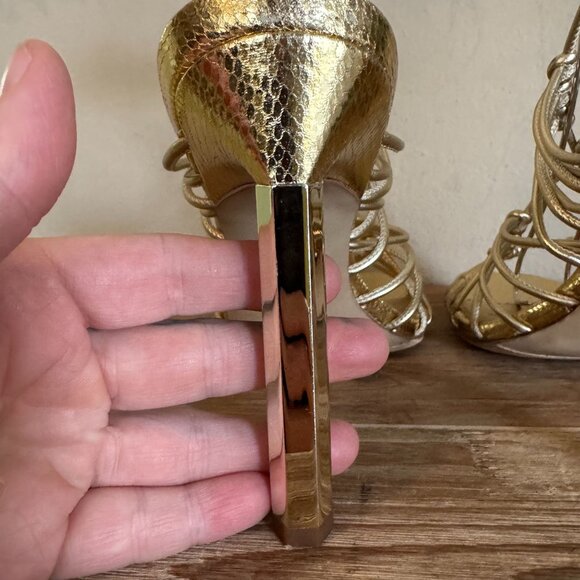 Sam Edelman Lylah Gold Metallic Open Toe Strappy Ankle Wrap High Heels Size 8.5 - Picture 12 of 15